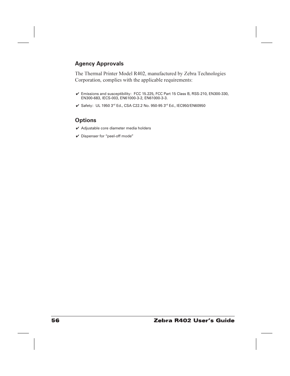 Adapter plates 11, Ul 56, Agency approvals | Options | Zebra Technologies R402 User Manual | Page 64 / 72
