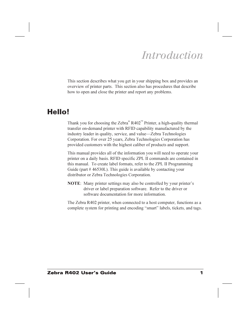 Introduction, Hello! 1, Hello | Zebra Technologies R402 User Manual | Page 9 / 72