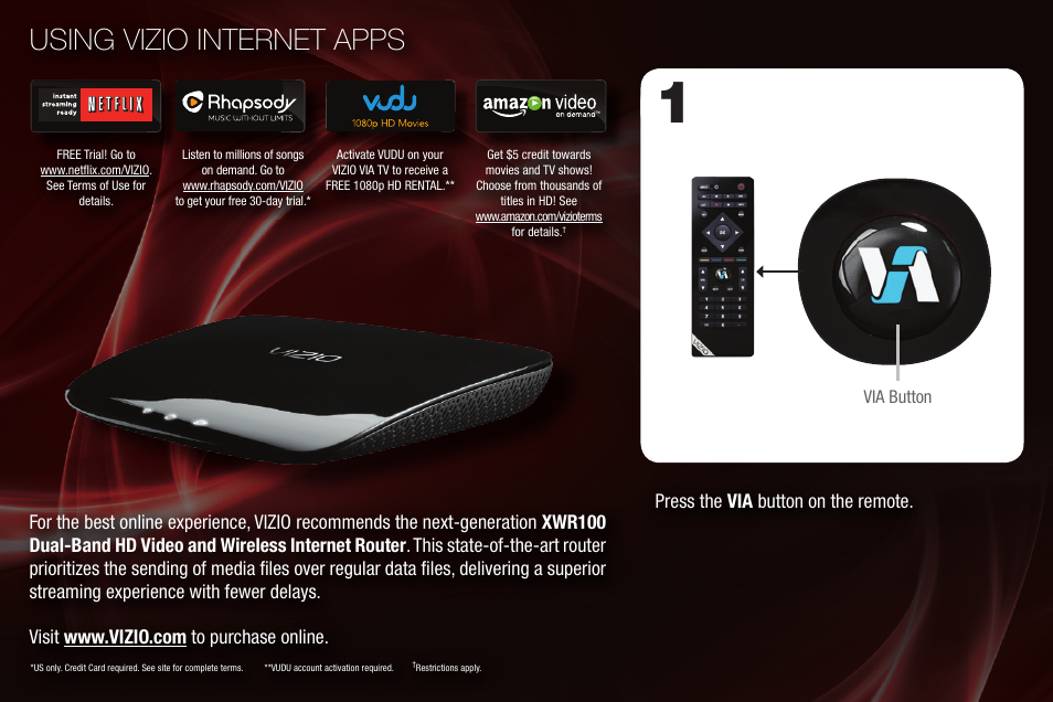 Using vizio internet apps, Press the via button on the remote | Zebra Technologies XVT3D650SV User Manual | Page 12 / 18