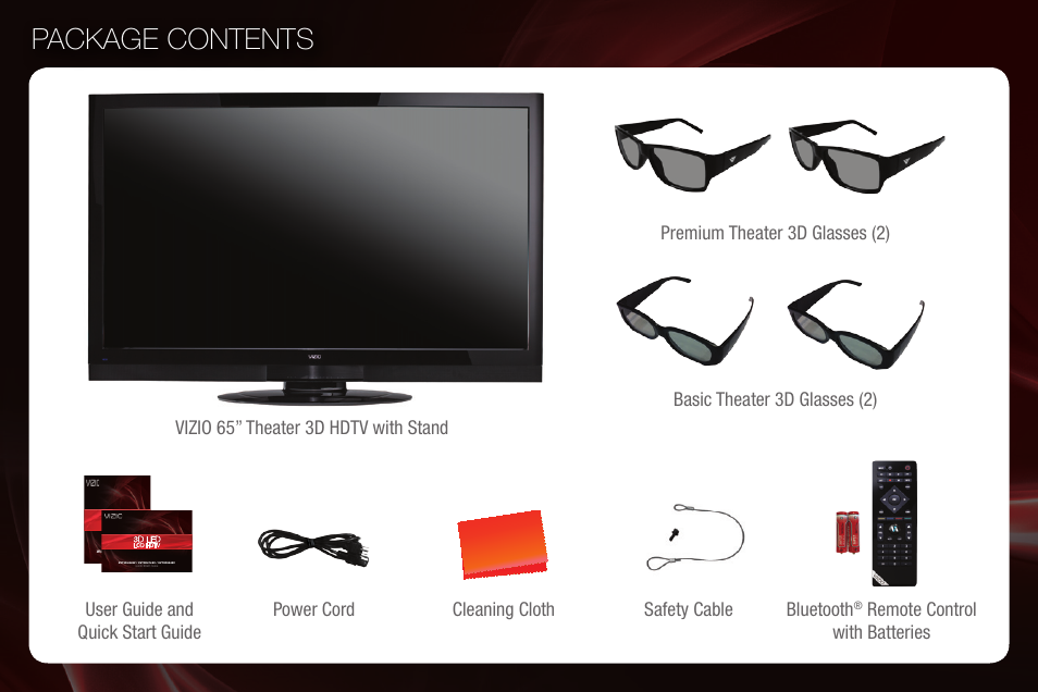 Package contents, Vizio 65” theater 3d hdtv with stand bluetooth | Zebra Technologies XVT3D650SV User Manual | Page 3 / 18