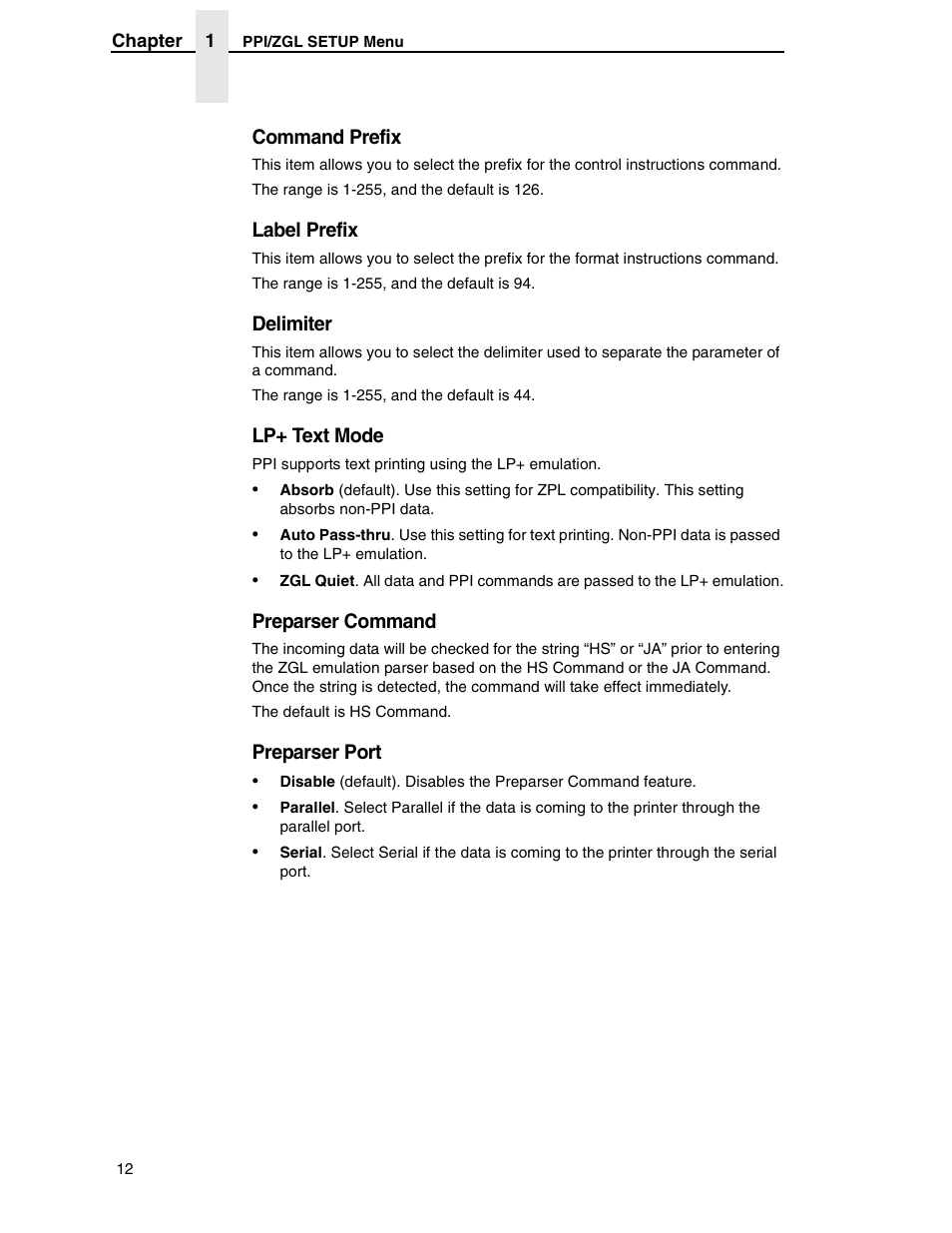 Command prefix, Label prefix, Delimiter | Lp+ text mode, Preparser command, Preparser port | Zebra Technologies SL5000r/T5000r User Manual | Page 12 / 50