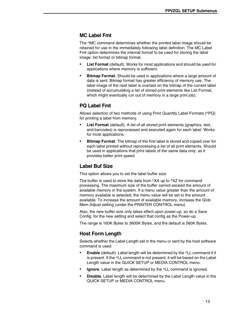 Mc label fmt, Pq label fmt, Label buf size | Host form length | Zebra Technologies SL5000r/T5000r User Manual | Page 13 / 50
