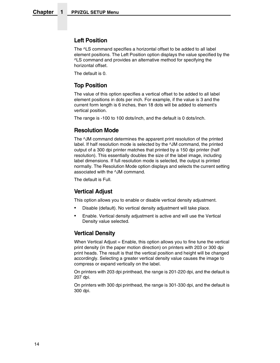 Left position, Top position, Resolution mode | Vertical adjust, Vertical density | Zebra Technologies SL5000r/T5000r User Manual | Page 14 / 50