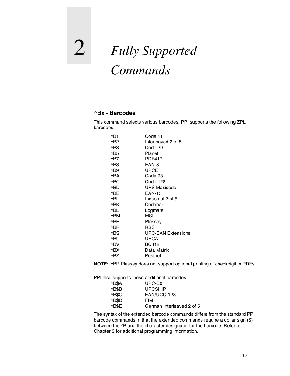 2 fully supported commands, Bx - barcodes, Fully supported commands | Zebra Technologies SL5000r/T5000r User Manual | Page 17 / 50