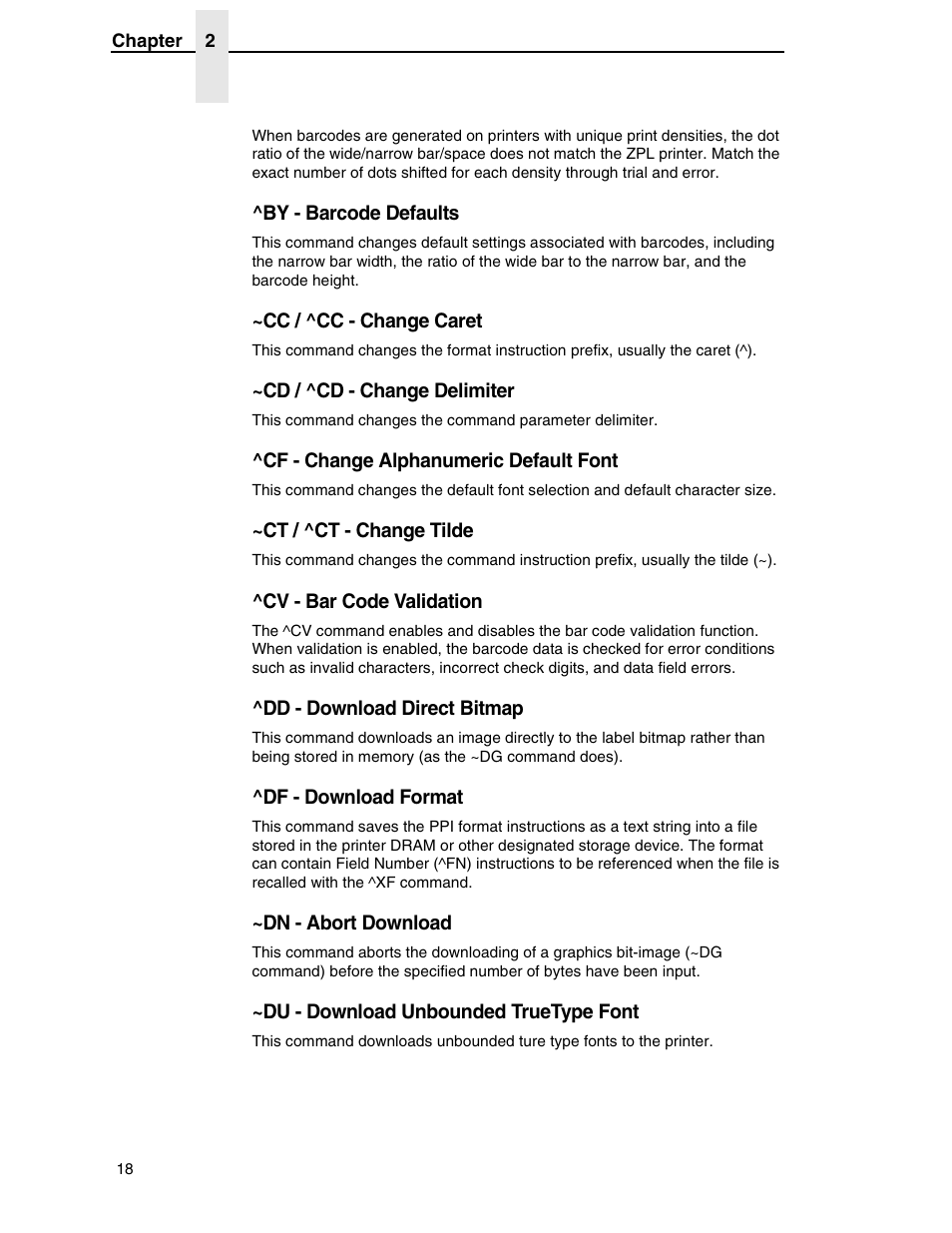 By - barcode defaults, Cc / ^cc - change caret, Cd / ^cd - change delimiter | Cf - change alphanumeric default font, Ct / ^ct - change tilde, Cv - bar code validation, Dd - download direct bitmap, Df - download format, Dn - abort download, Du - download unbounded truetype font | Zebra Technologies SL5000r/T5000r User Manual | Page 18 / 50