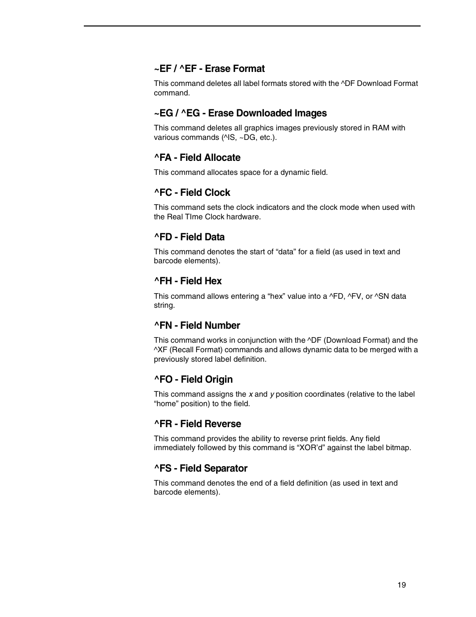 Ef / ^ef - erase format, Eg / ^eg - erase downloaded images, Fa - field allocate | Fc - field clock, Fd - field data, Fh - field hex, Fn - field number, Fo - field origin, Fr - field reverse, Fs - field separator | Zebra Technologies SL5000r/T5000r User Manual | Page 19 / 50