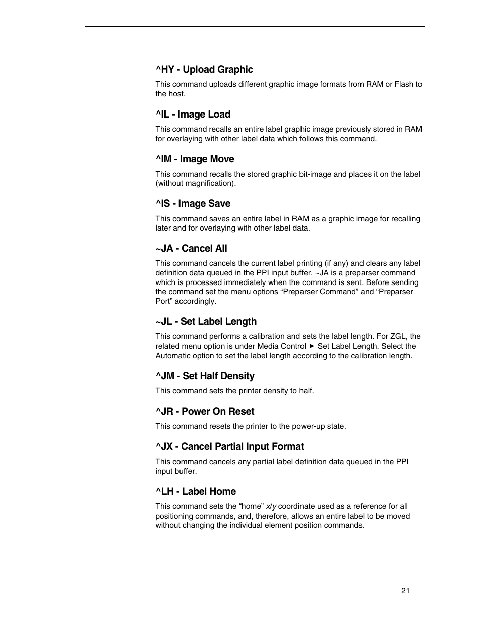 Hy - upload graphic, Il - image load, Im - image move | Is - image save, Ja - cancel all, Jl - set label length, Jm - set half density, Jr - power on reset, Jx - cancel partial input format, Lh - label home | Zebra Technologies SL5000r/T5000r User Manual | Page 21 / 50