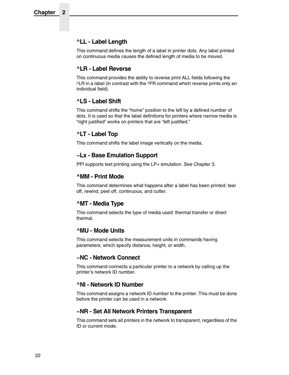 Ll - label length, Lr - label reverse, Ls - label shift | Lt - label top, Lx - base emulation support, Mm - print mode, Mt - media type, Mu - mode units, Nc - network connect, Ni - network id number | Zebra Technologies SL5000r/T5000r User Manual | Page 22 / 50