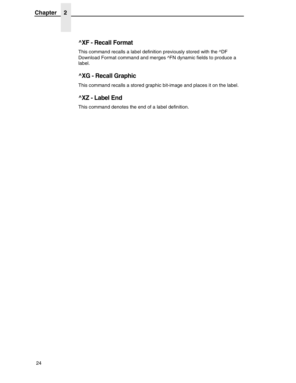 Xf - recall format, Xg - recall graphic, Xz - label end | Zebra Technologies SL5000r/T5000r User Manual | Page 24 / 50