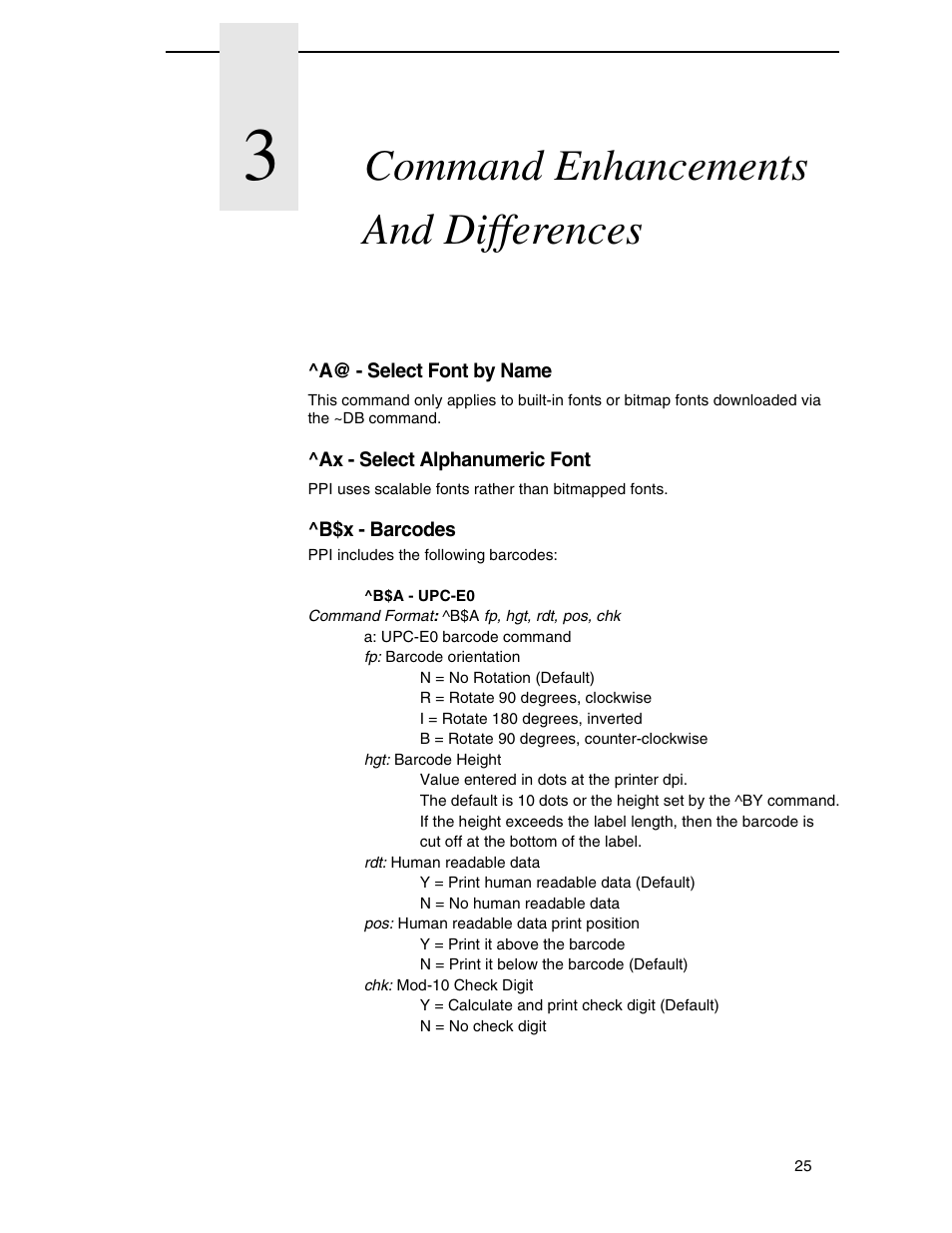 3 command enhancements and differences, A@ - select font by name, Ax - select alphanumeric font | B$x - barcodes, Command enhancements and differences | Zebra Technologies SL5000r/T5000r User Manual | Page 25 / 50
