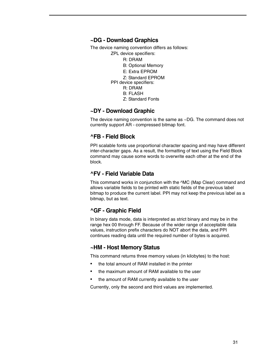Dg - download graphics, Dy - download graphic, Fb - field block | Fv - field variable data, Gf - graphic field, Hm - host memory status | Zebra Technologies SL5000r/T5000r User Manual | Page 31 / 50