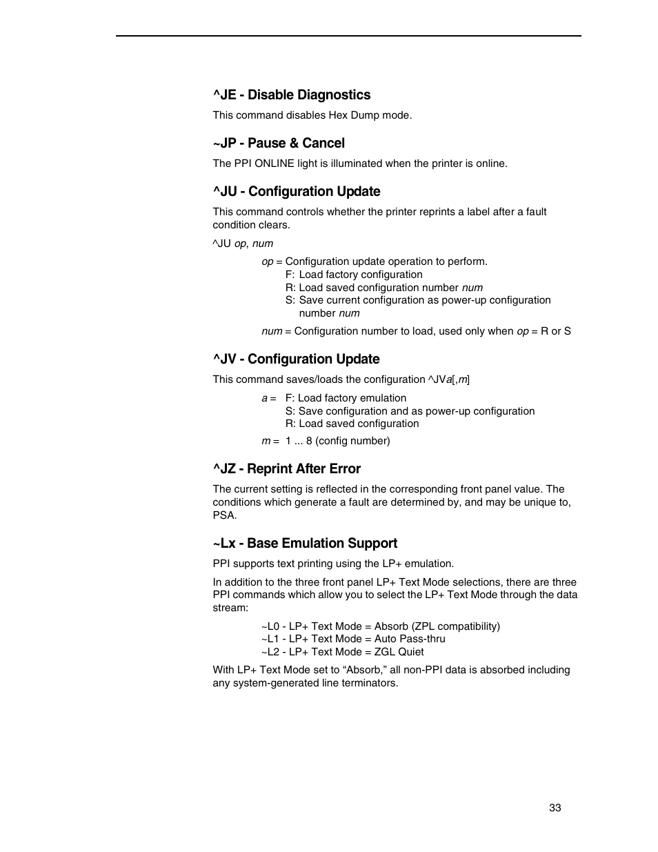 Je - disable diagnostics, Jp - pause & cancel, Ju - configuration update | Jv - configuration update, Jz - reprint after error, Lx - base emulation support | Zebra Technologies SL5000r/T5000r User Manual | Page 33 / 50