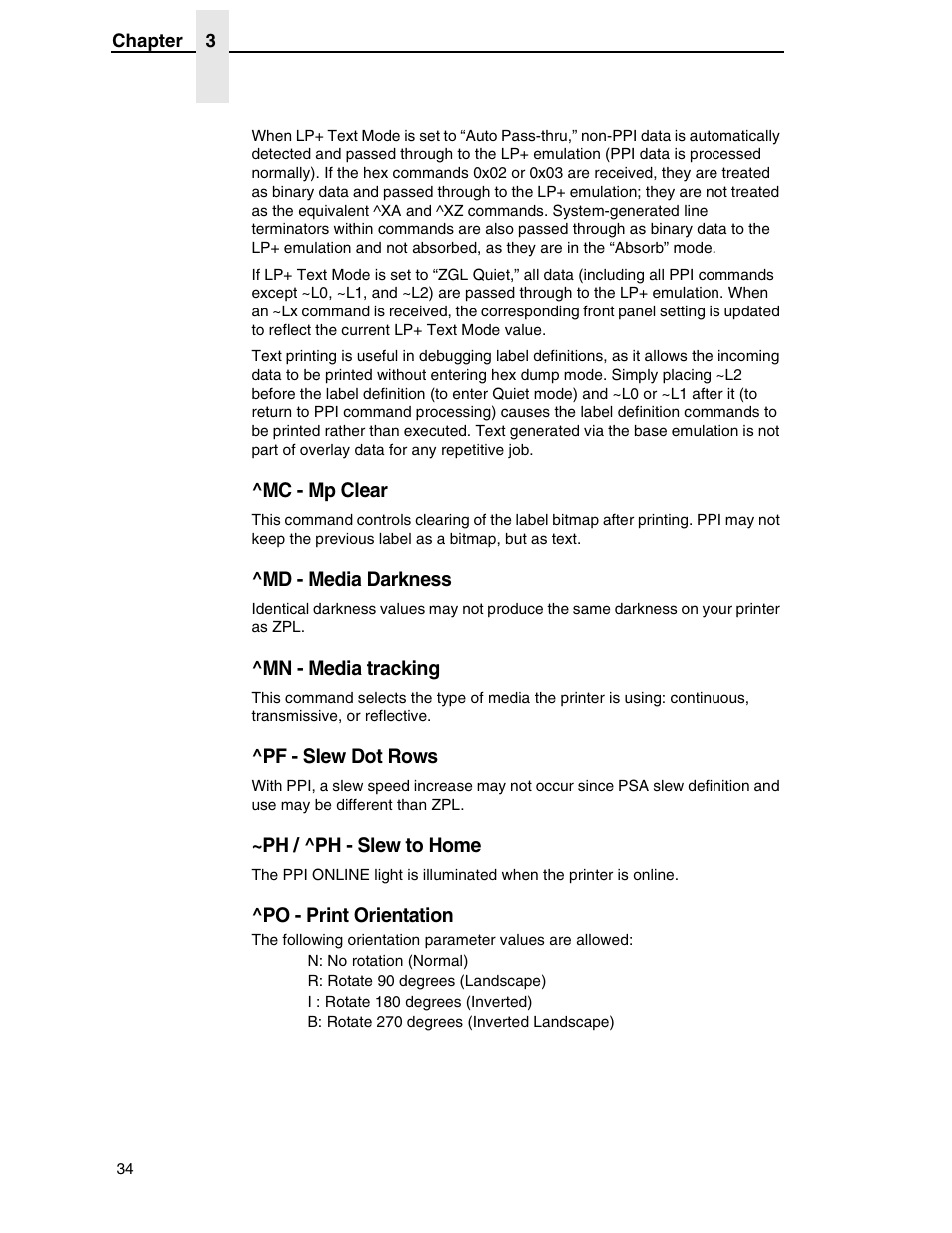 Mc - mp clear, Md - media darkness, Mn - media tracking | Pf - slew dot rows, Ph / ^ph - slew to home, Po - print orientation | Zebra Technologies SL5000r/T5000r User Manual | Page 34 / 50