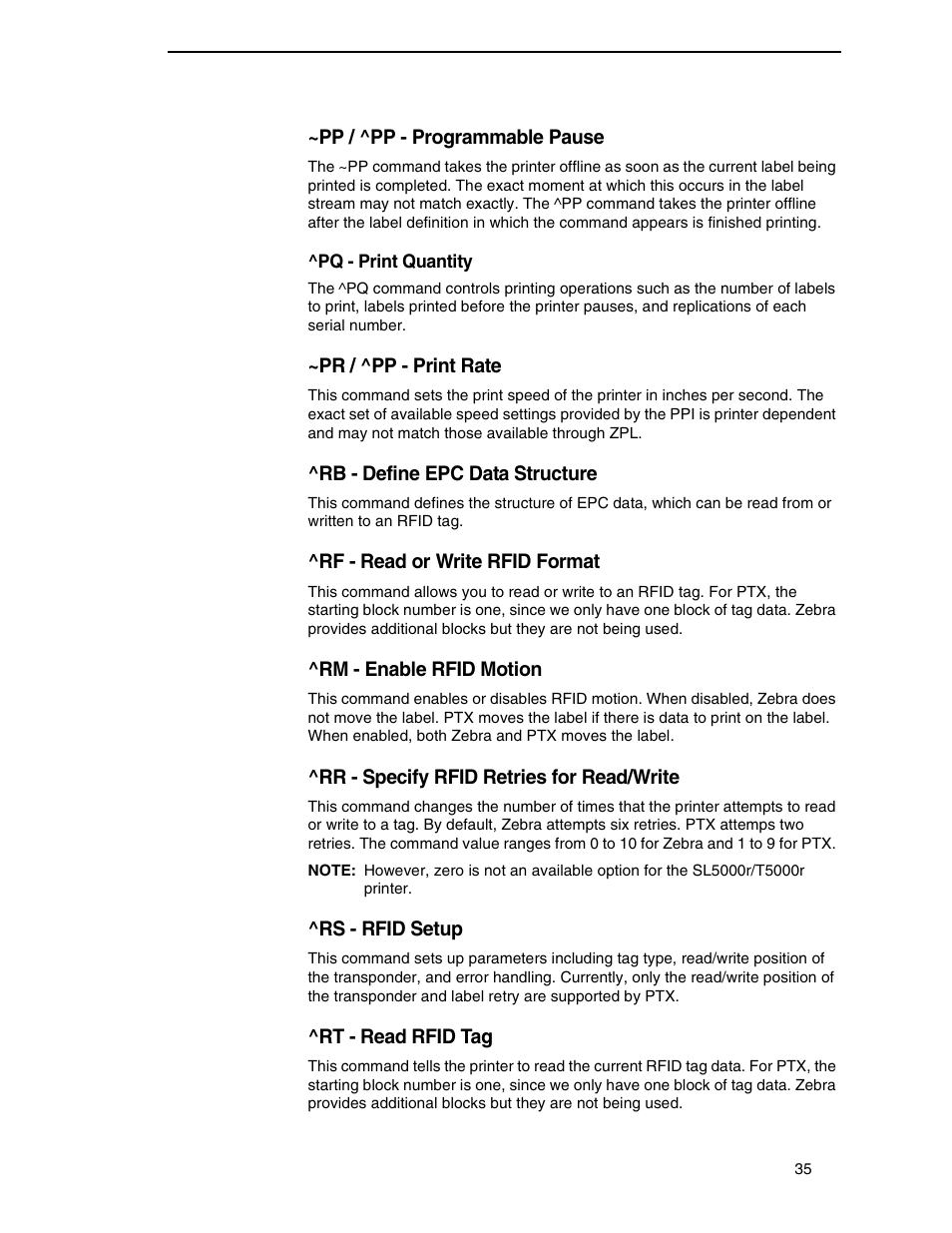 Pp / ^pp - programmable pause, Pq - print quantity, Pr / ^pp - print rate | Rb - define epc data structure, Rf - read or write rfid format, Rm - enable rfid motion, Rr - specify rfid retries for read/write, Rs - rfid setup, Rt - read rfid tag | Zebra Technologies SL5000r/T5000r User Manual | Page 35 / 50