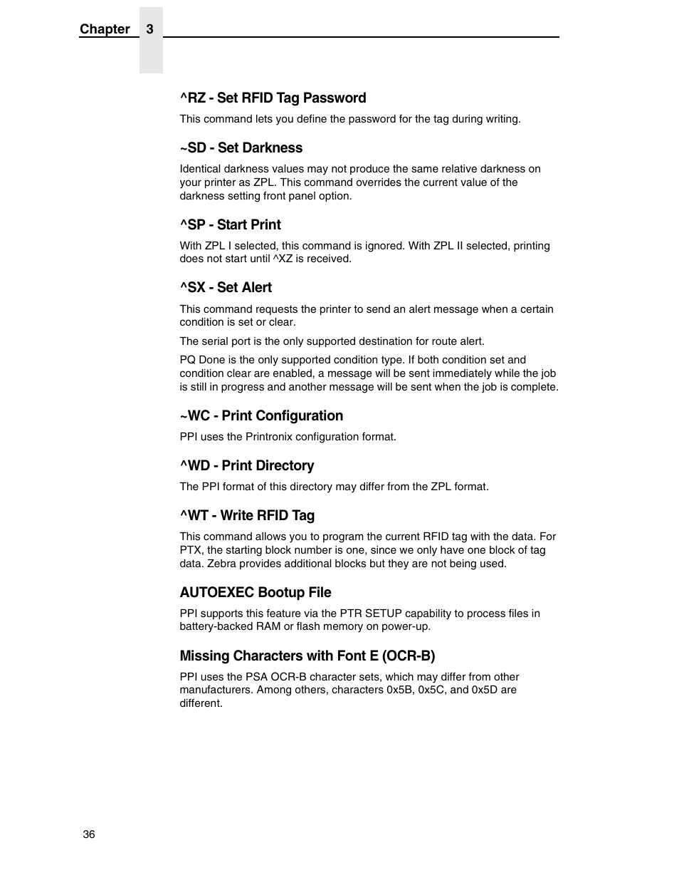 Rz - set rfid tag password, Sd - set darkness, Sp - start print | Sx - set alert, Wc - print configuration, Wd - print directory, Wt - write rfid tag, Autoexec bootup file, Missing characters with font e (ocr-b) | Zebra Technologies SL5000r/T5000r User Manual | Page 36 / 50
