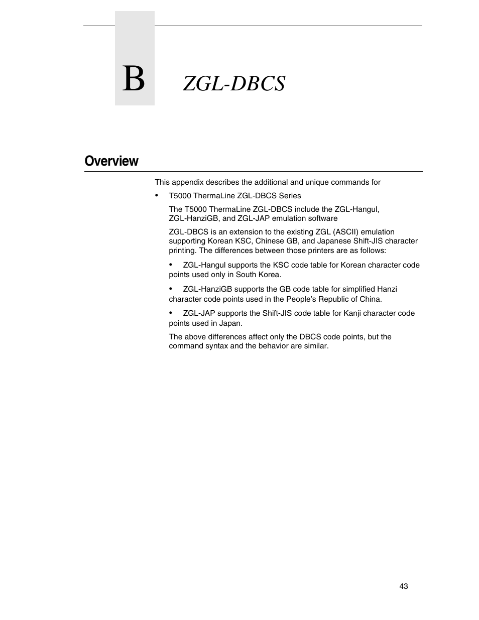 B zgl-dbcs, Overview, Zgl-dbcs | Zebra Technologies SL5000r/T5000r User Manual | Page 43 / 50