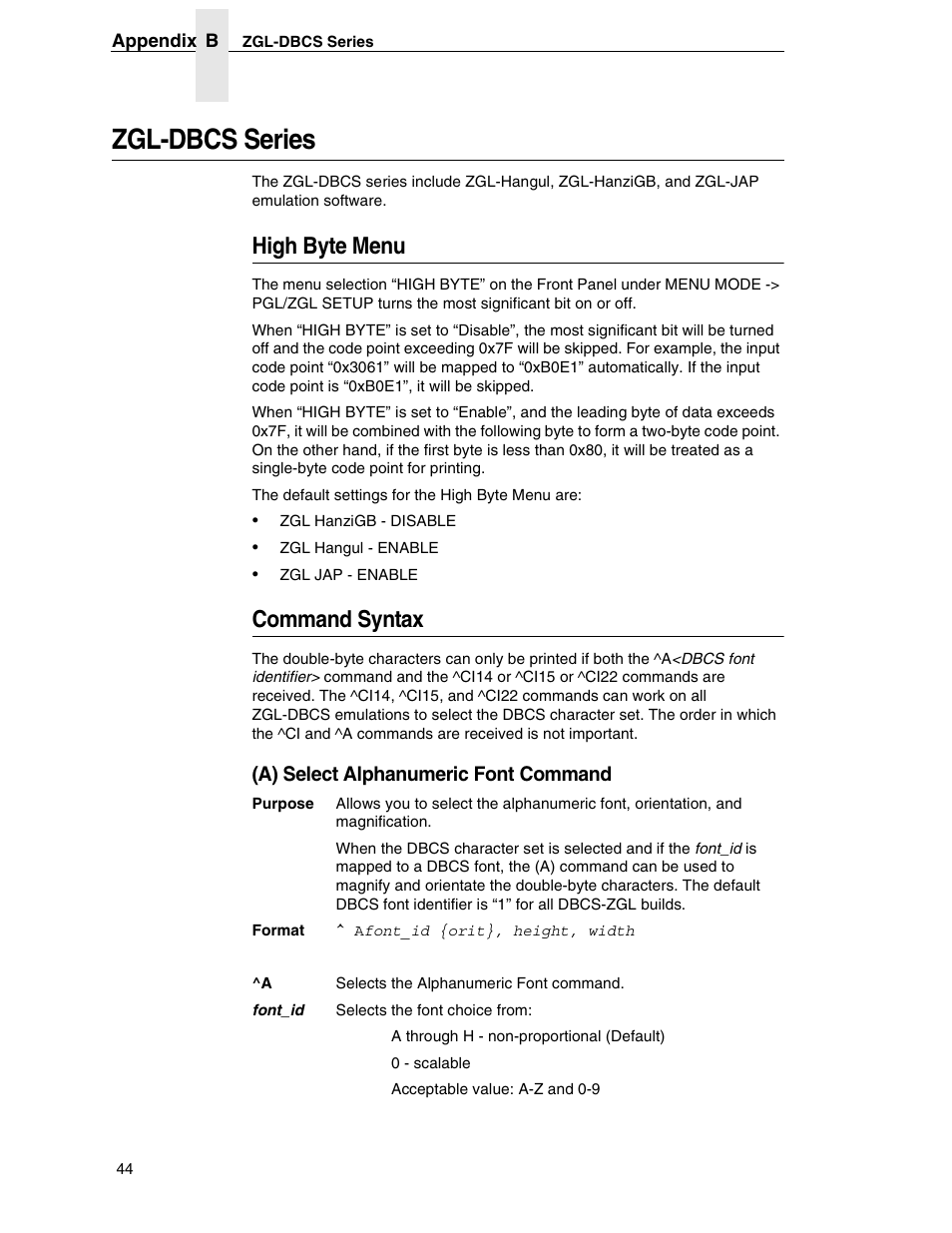 Zgl-dbcs series, High byte menu, Command syntax | A) select alphanumeric font command | Zebra Technologies SL5000r/T5000r User Manual | Page 44 / 50