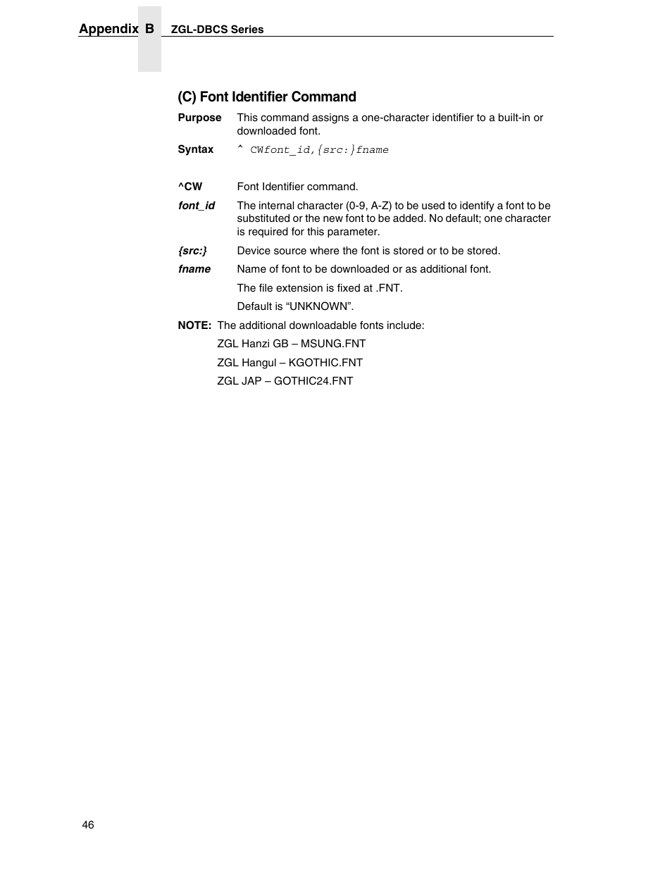 C) font identifier command | Zebra Technologies SL5000r/T5000r User Manual | Page 46 / 50