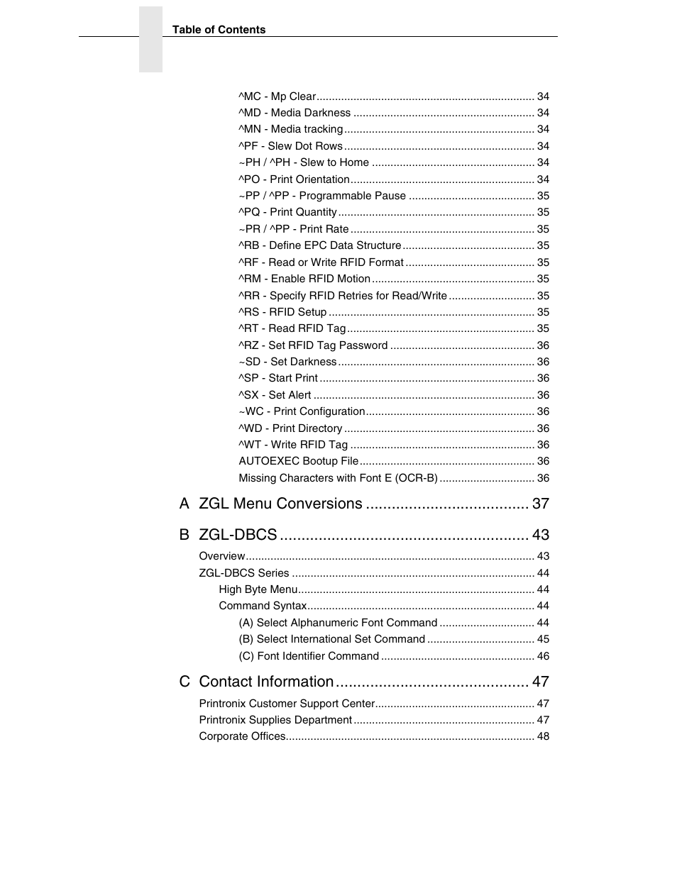 A zgl menu conversions b zgl-dbcs, C contact information | Zebra Technologies SL5000r/T5000r User Manual | Page 8 / 50