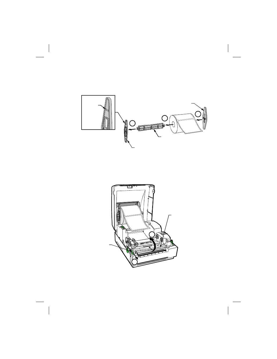 Refer to, Figure 11, Place the media roll in the top cover (refer to | Figure 12, Figure 12, “1, Lift the printhead (refer to, Figure 12, “2 | Zebra Technologies T402 User Manual | Page 18 / 62