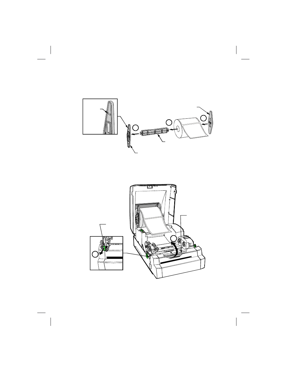 Refer to, Figure 19, Place the media roll in the top cover (refer to | Figure 20, Figure 20, “1, Lift the printhead (refer to, Figure 20, “2 | Zebra Technologies T402 User Manual | Page 24 / 62