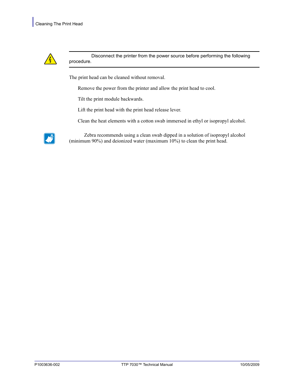 Cleaning the print head | Zebra Technologies TTP 7030 User Manual | Page 102 / 128