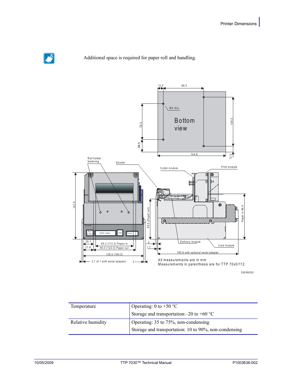 Printer dimensions, Environmental conditions, Printer dimensions environmental conditions | B o tto m vie w, Figure 24 • measurements drawing | Zebra Technologies TTP 7030 User Manual | Page 111 / 128