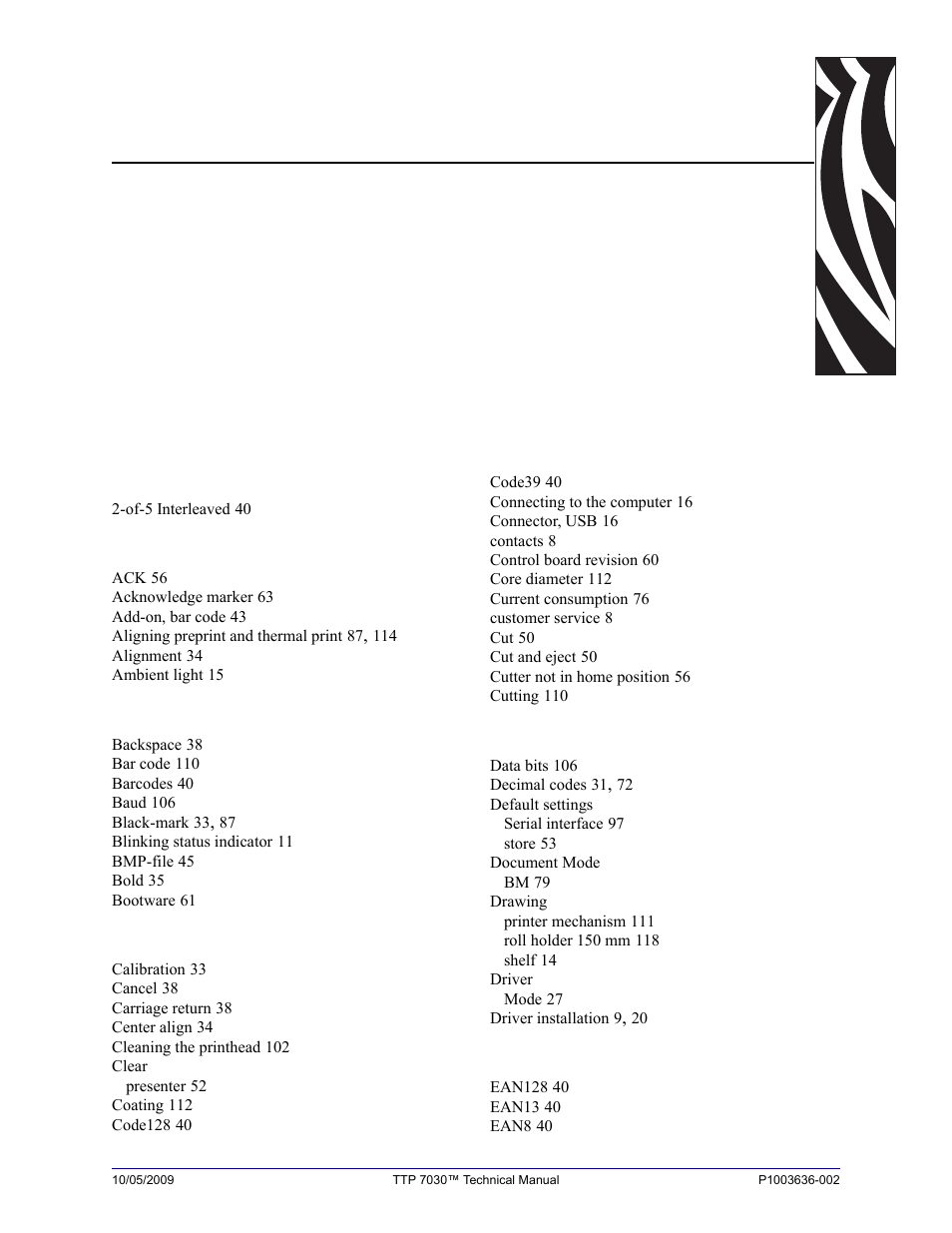 Index, Numerics | Zebra Technologies TTP 7030 User Manual | Page 123 / 128