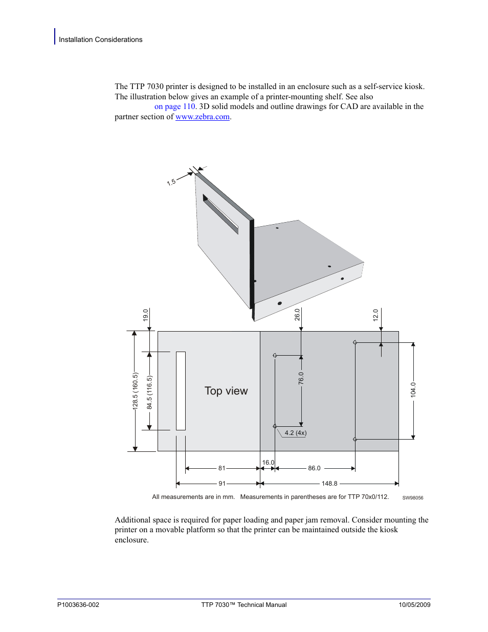 Installation considerations, Top view | Zebra Technologies TTP 7030 User Manual | Page 14 / 128