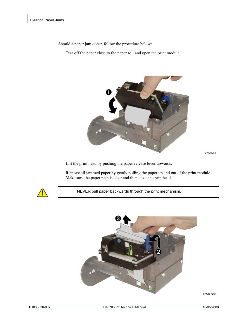 Clearing paper jams | Zebra Technologies TTP 7030 User Manual | Page 26 / 128