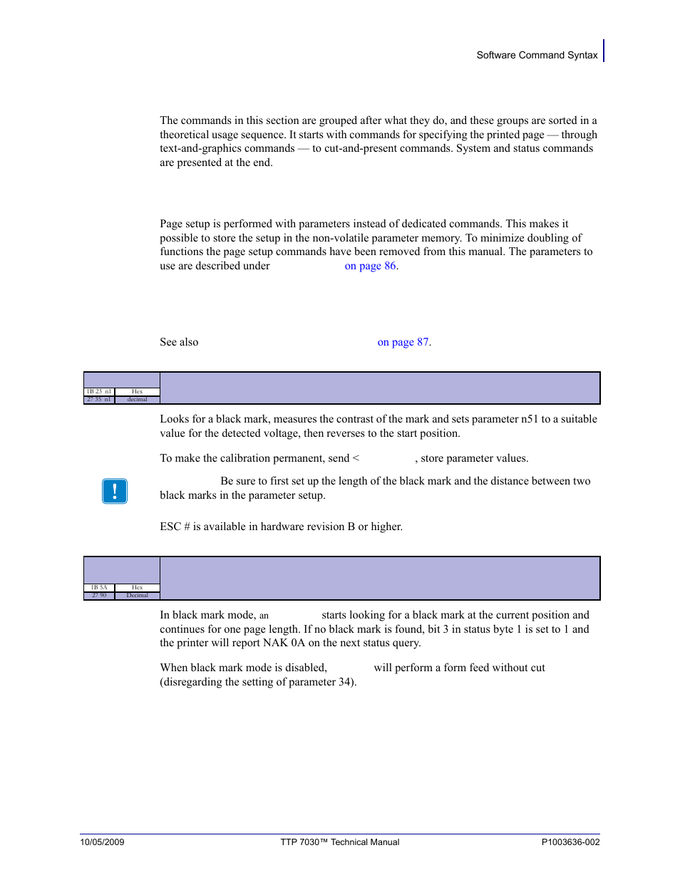 Software command syntax, Black mark (top-of-form) commands, Esc z | Zebra Technologies TTP 7030 User Manual | Page 33 / 128