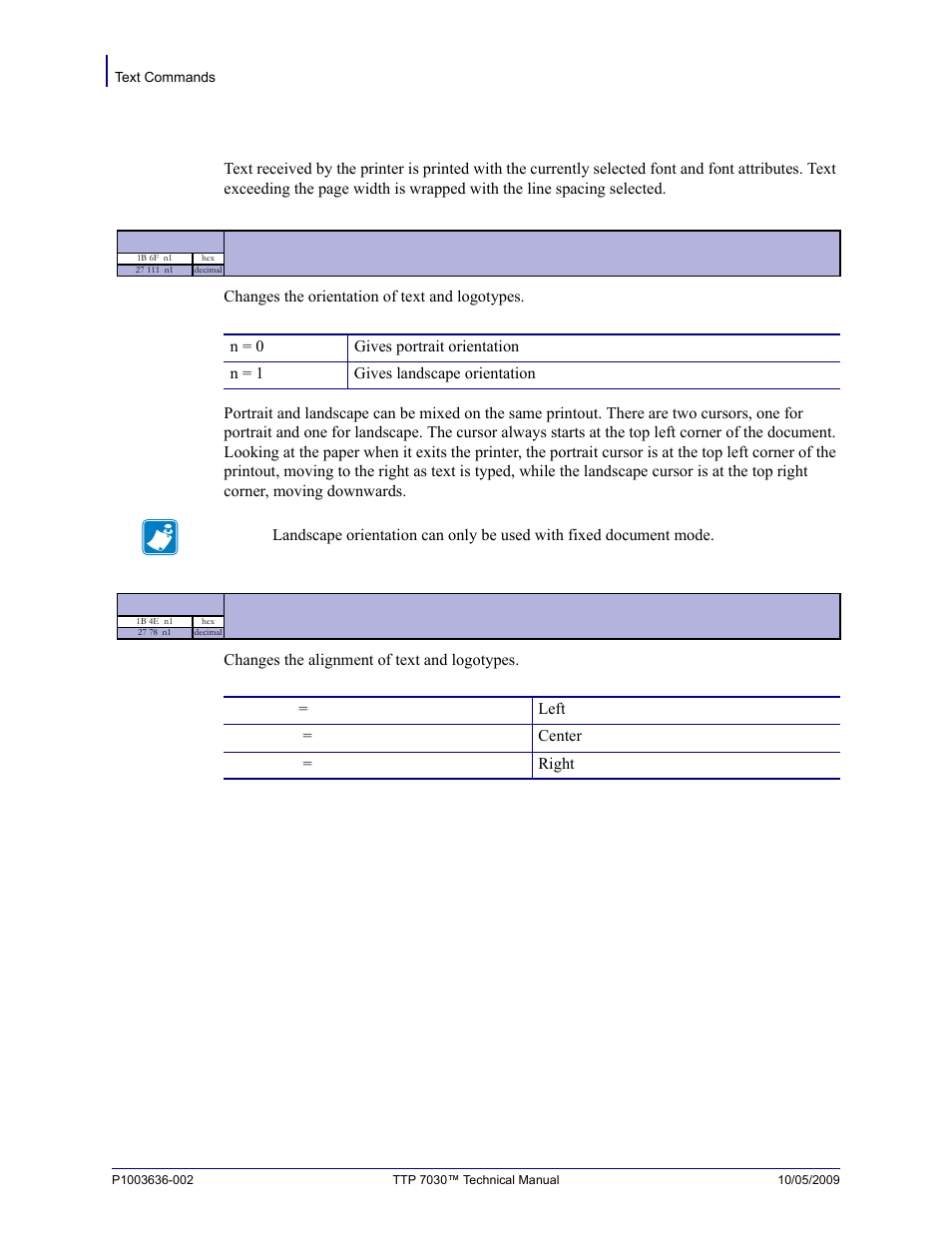 Text commands, Esc n n1, Esc o n1 | Zebra Technologies TTP 7030 User Manual | Page 34 / 128