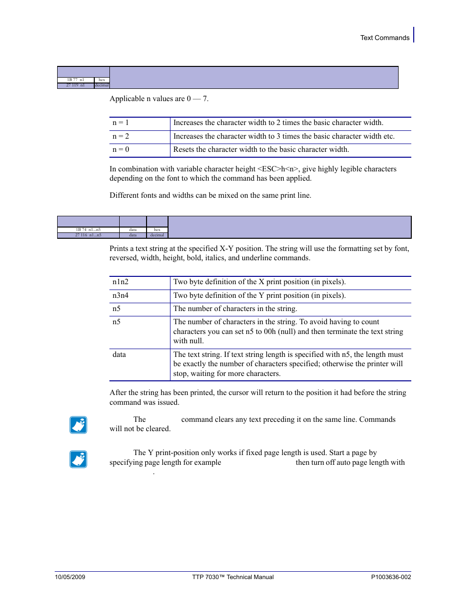 Esc t, N1...n5, Esc w n1 | Zebra Technologies TTP 7030 User Manual | Page 37 / 128