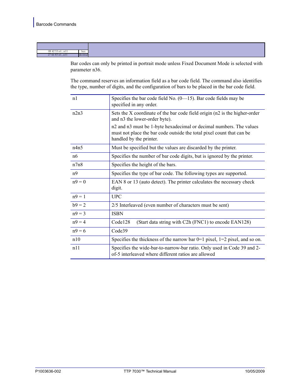 Esc b s, N1...n11 | Zebra Technologies TTP 7030 User Manual | Page 42 / 128