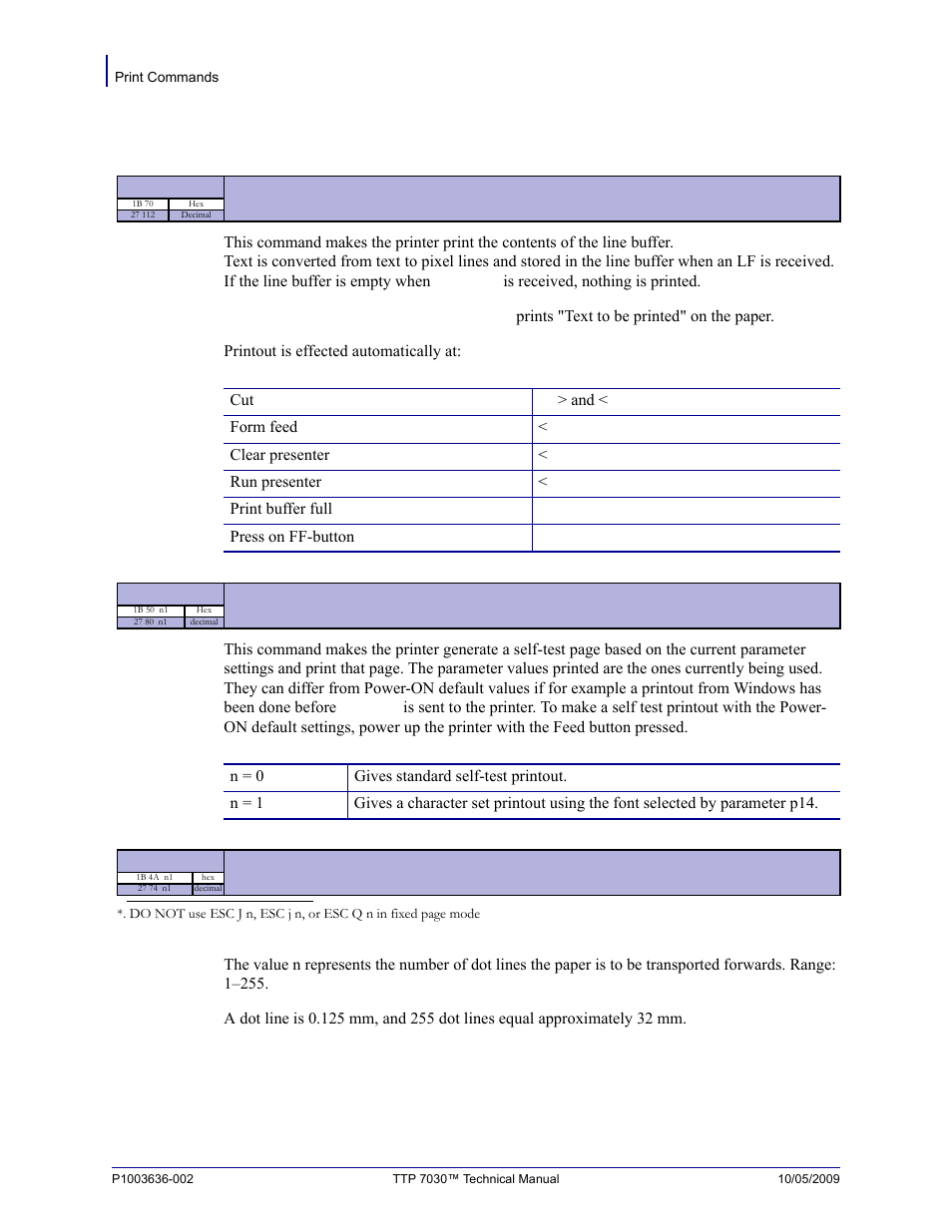 Print commands, Esc j n1, Esc p | Esc p n1 | Zebra Technologies TTP 7030 User Manual | Page 48 / 128