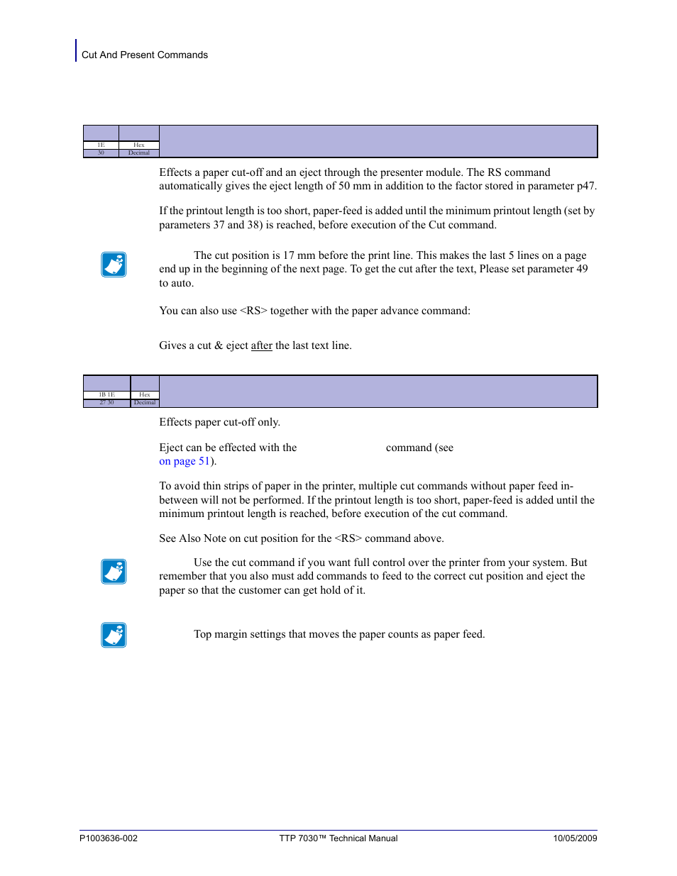 Cut and present commands, Esc rs | Zebra Technologies TTP 7030 User Manual | Page 50 / 128