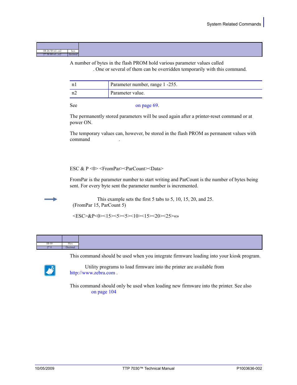 Set several parameters at once, Esc & p, N1...n2 | Esc nul | Zebra Technologies TTP 7030 User Manual | Page 55 / 128