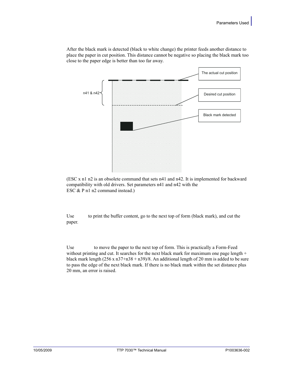 Parameter n41 and n42 –black mark cut offset, Ff (form feed), Esc z (go to next top of form) | Zebra Technologies TTP 7030 User Manual | Page 91 / 128