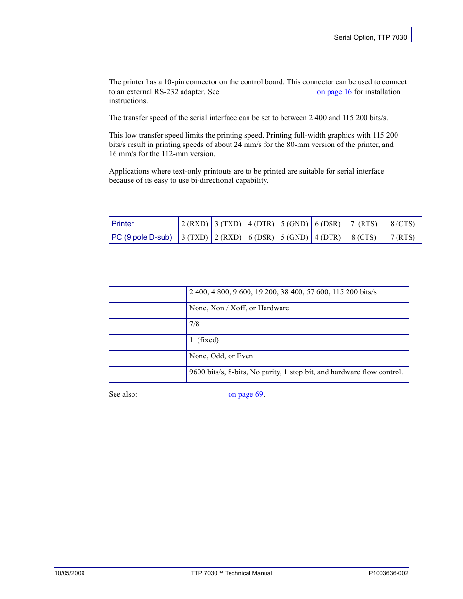 Serial option, ttp 7030, Setup options | Zebra Technologies TTP 7030 User Manual | Page 97 / 128