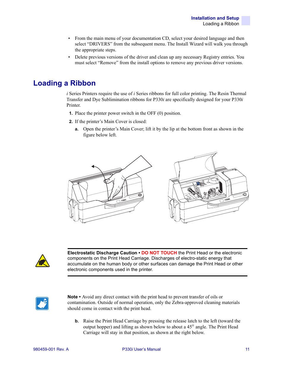 Loading a ribbon | Zebra Technologies Zebra P330i User Manual | Page 23 / 66