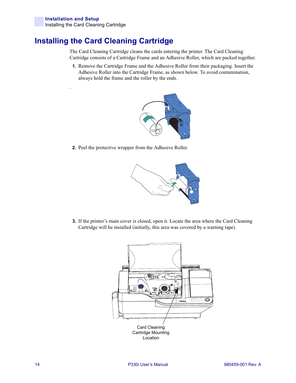 Installing the card cleaning cartridge | Zebra Technologies Zebra P330i User Manual | Page 26 / 66