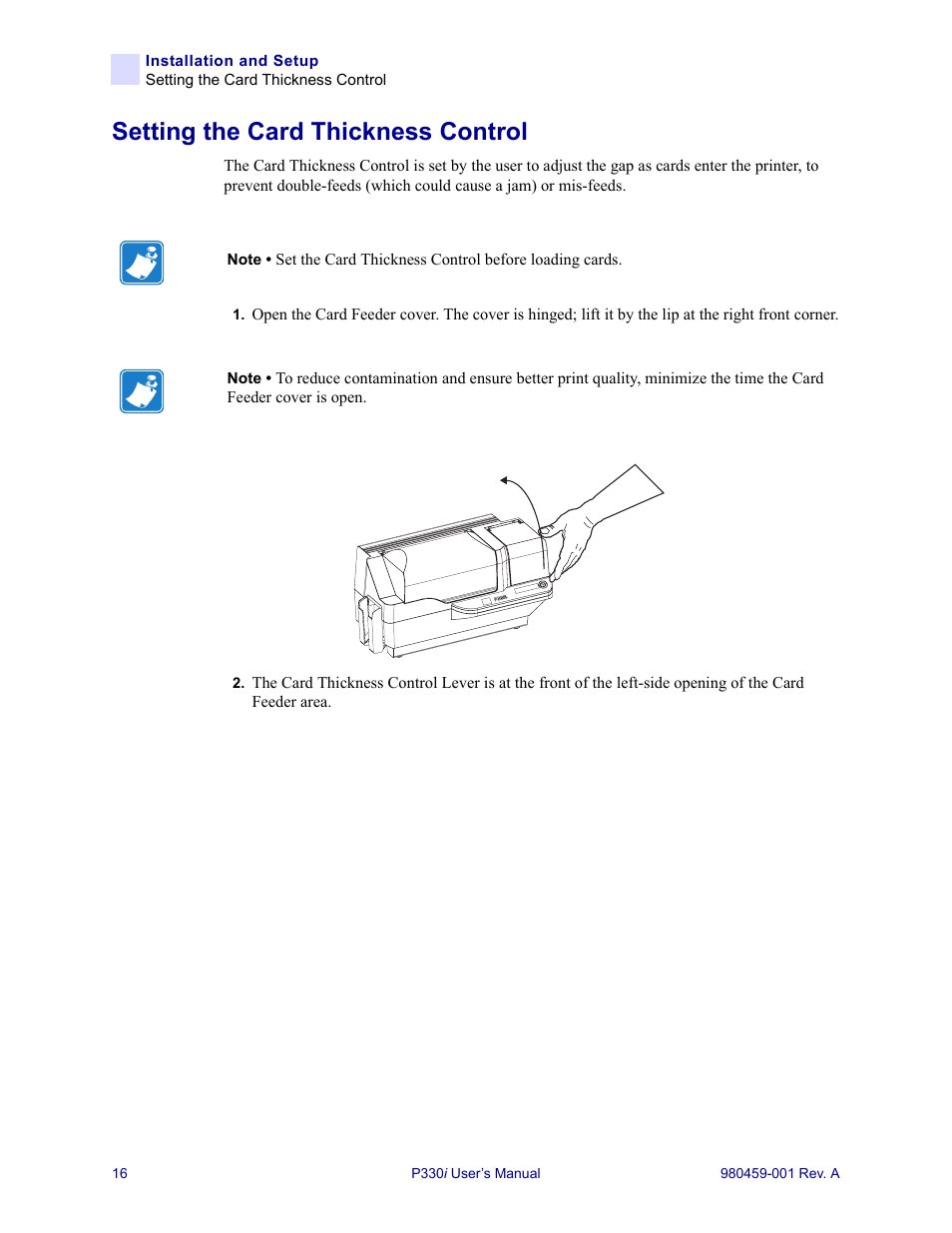 Setting the card thickness control | Zebra Technologies Zebra P330i User Manual | Page 28 / 66