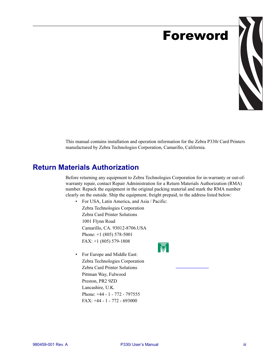 Foreword, Van mechelen, Return materials authorization | Zebra Technologies Zebra P330i User Manual | Page 3 / 66