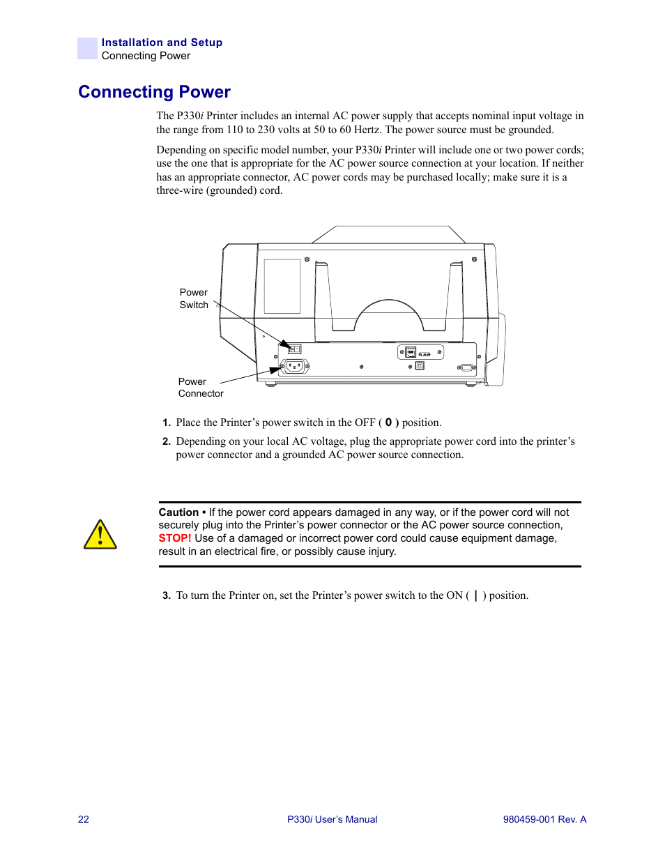 Connecting power | Zebra Technologies Zebra P330i User Manual | Page 34 / 66