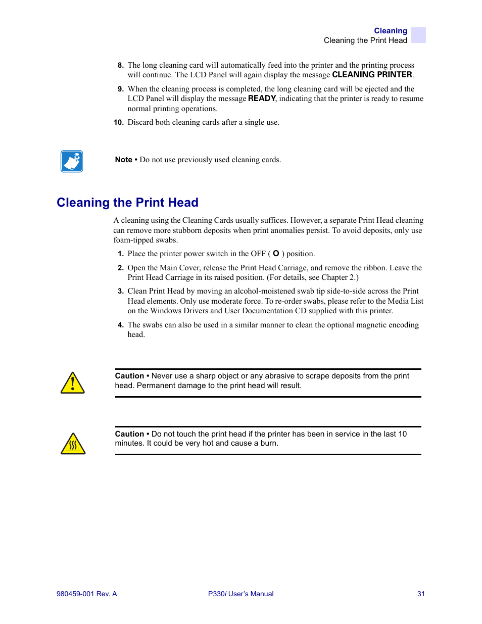 Cleaning the print head | Zebra Technologies Zebra P330i User Manual | Page 43 / 66