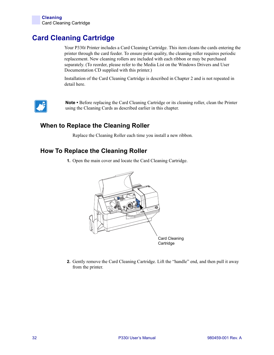 Card cleaning cartridge, When to replace the cleaning roller, How to replace the cleaning roller | Zebra Technologies Zebra P330i User Manual | Page 44 / 66