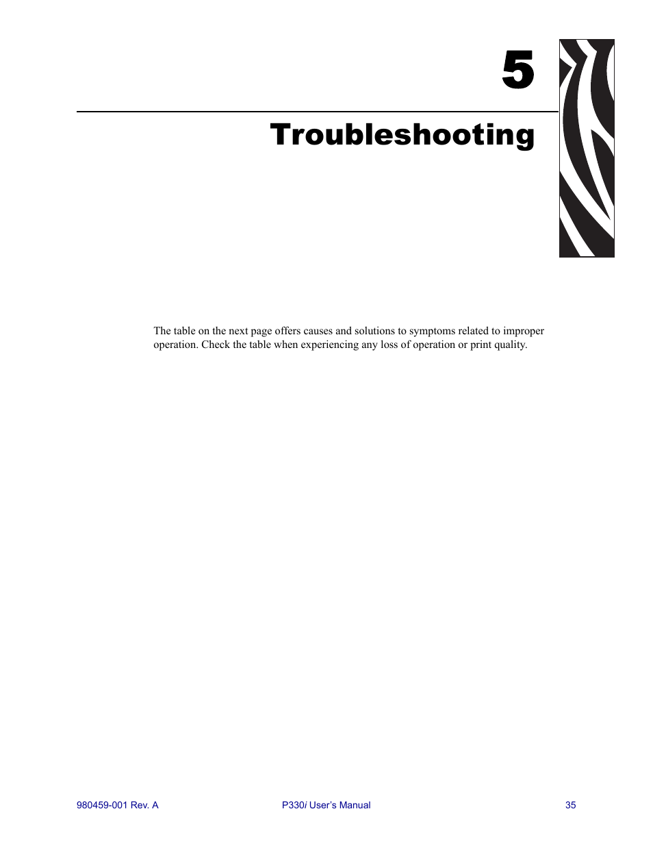 Troubleshooting, 5 • troubleshooting | Zebra Technologies Zebra P330i User Manual | Page 47 / 66