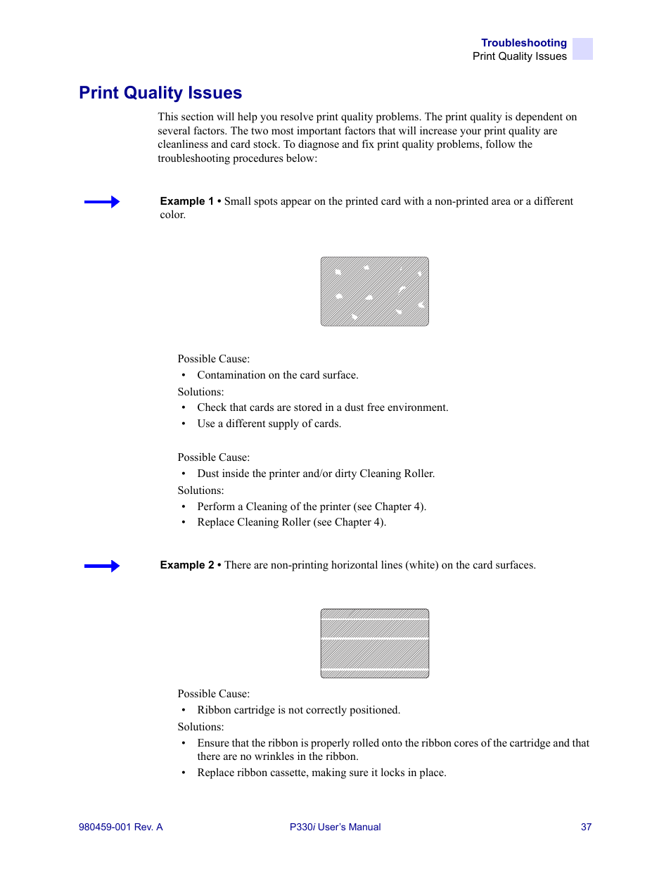 Print quality issues | Zebra Technologies Zebra P330i User Manual | Page 49 / 66