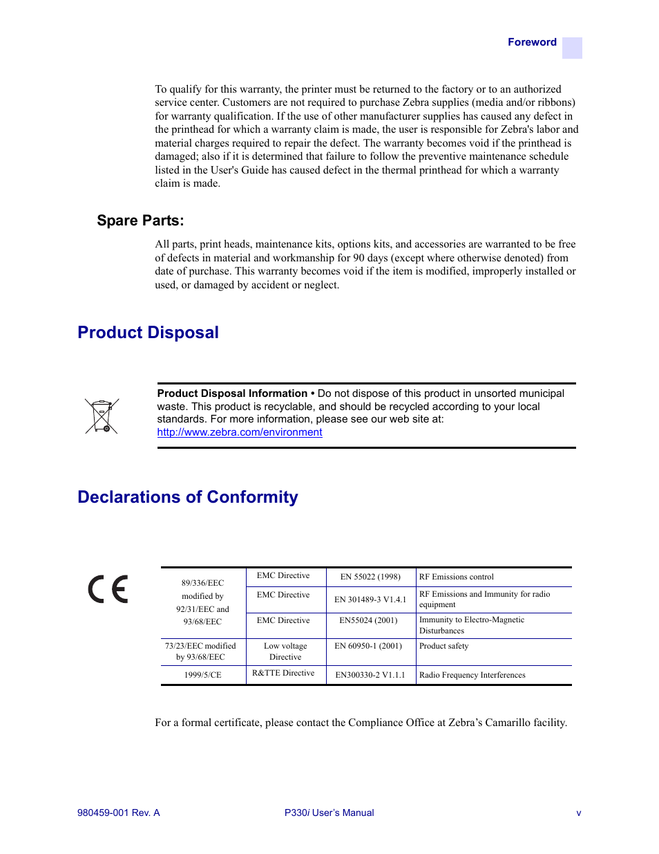 Product disposal declarations of conformity, Spare parts | Zebra Technologies Zebra P330i User Manual | Page 5 / 66