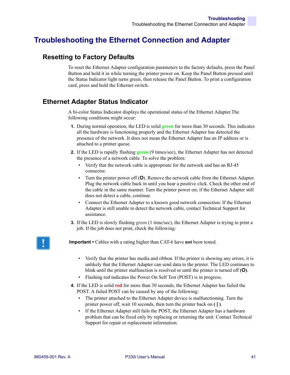 Resetting to factory defaults, Ethernet adapter status indicator | Zebra Technologies Zebra P330i User Manual | Page 53 / 66